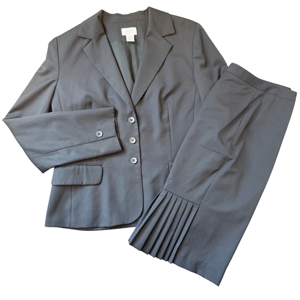 Ann Taylor LOFT Wool Blend 2 Piece Suit Blazer + Skirt (12) Pinstripe Office